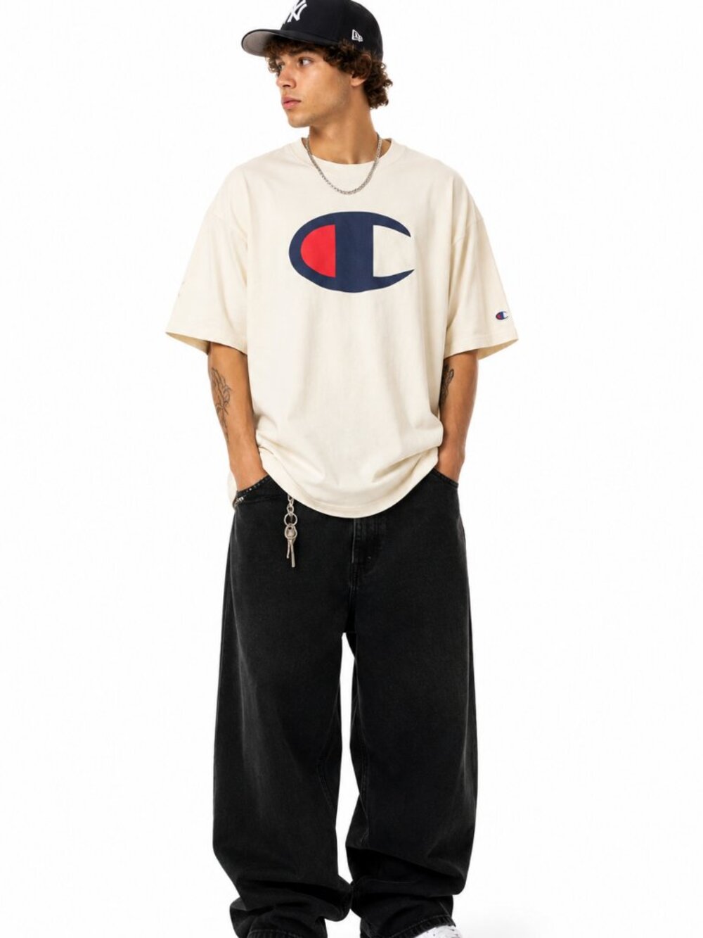 Champion Big Logo Graphic T-Shirt Cream White XXL Y2K Streetwear Tee